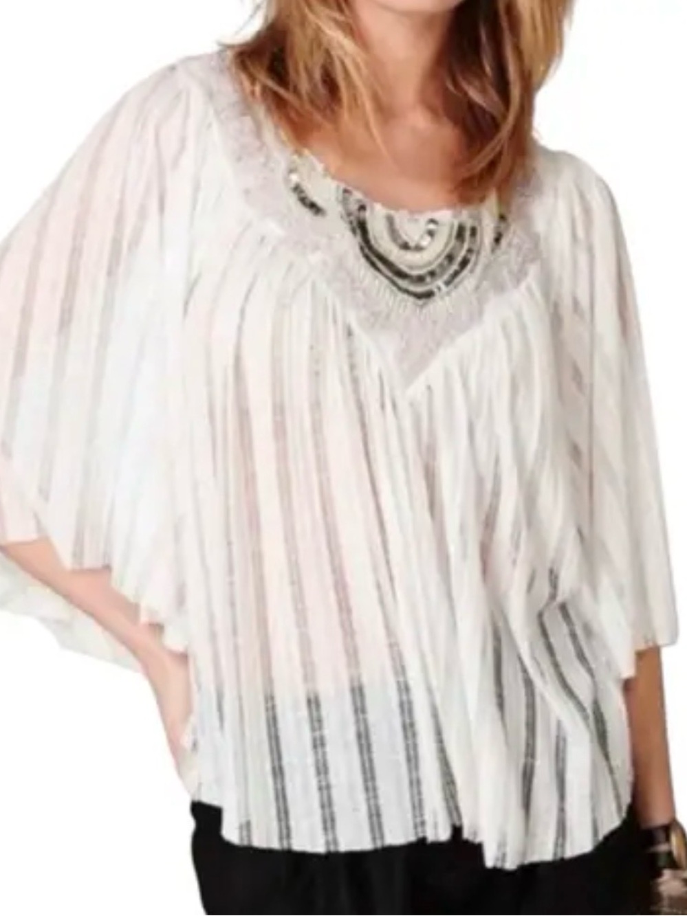 Free People grey Sheer poncho Boho Top with Beaded Neck